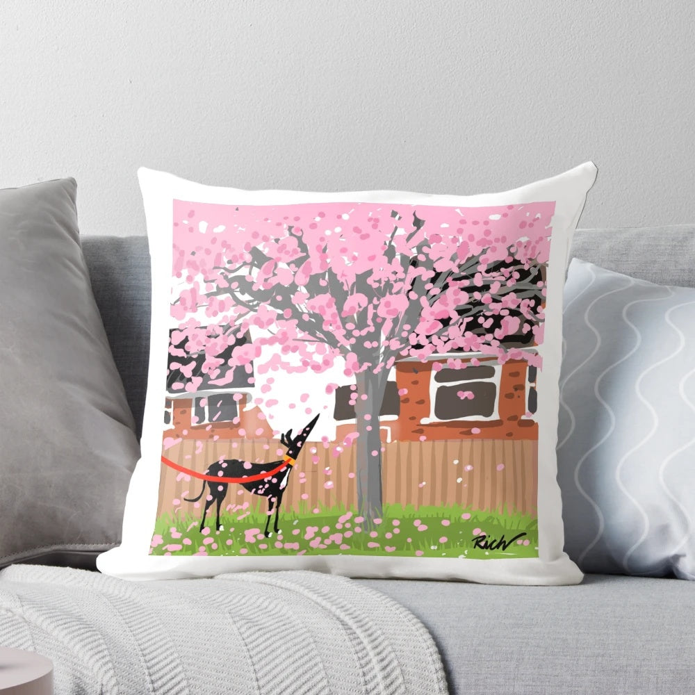 Soft, plush pillow featuring a cherry blossom design, perfect for greyhound owners