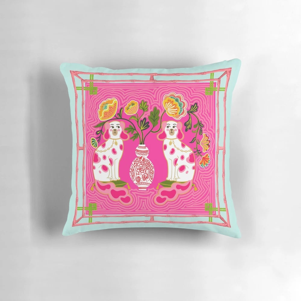 Chinoiserie Staffordshire pink and coral decorative pillow with floral and botanical elements