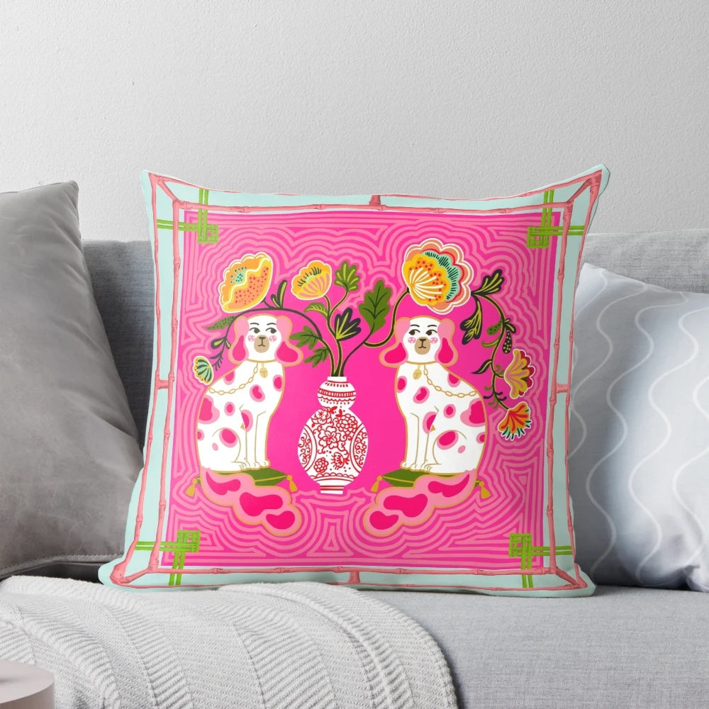 Chinoiserie Staffordshire pink and coral decorative pillow with floral and botanical elements
