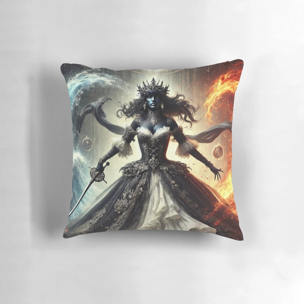 A dark, gothic-inspired throw pillow featuring a regal queen design.
