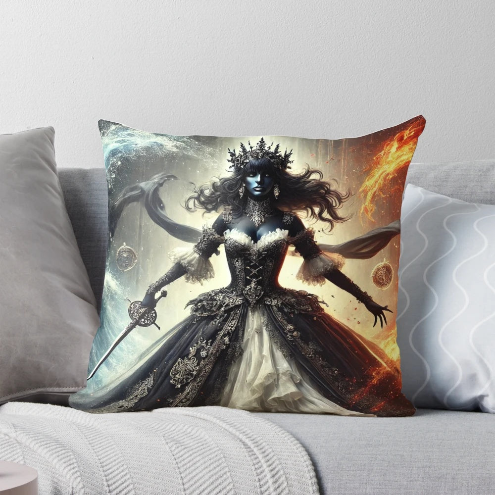 A dark, gothic-inspired throw pillow featuring a regal queen design.