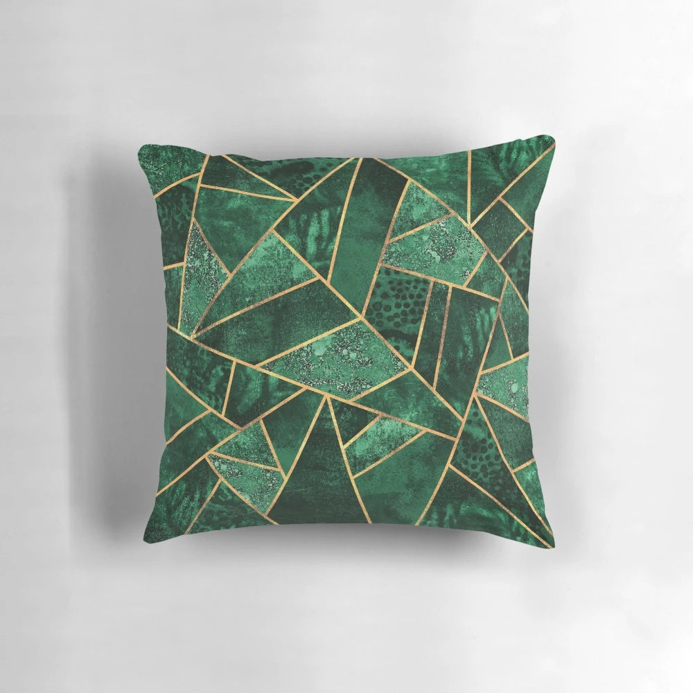 Decorative deep emerald green and gold geometric throw pillow