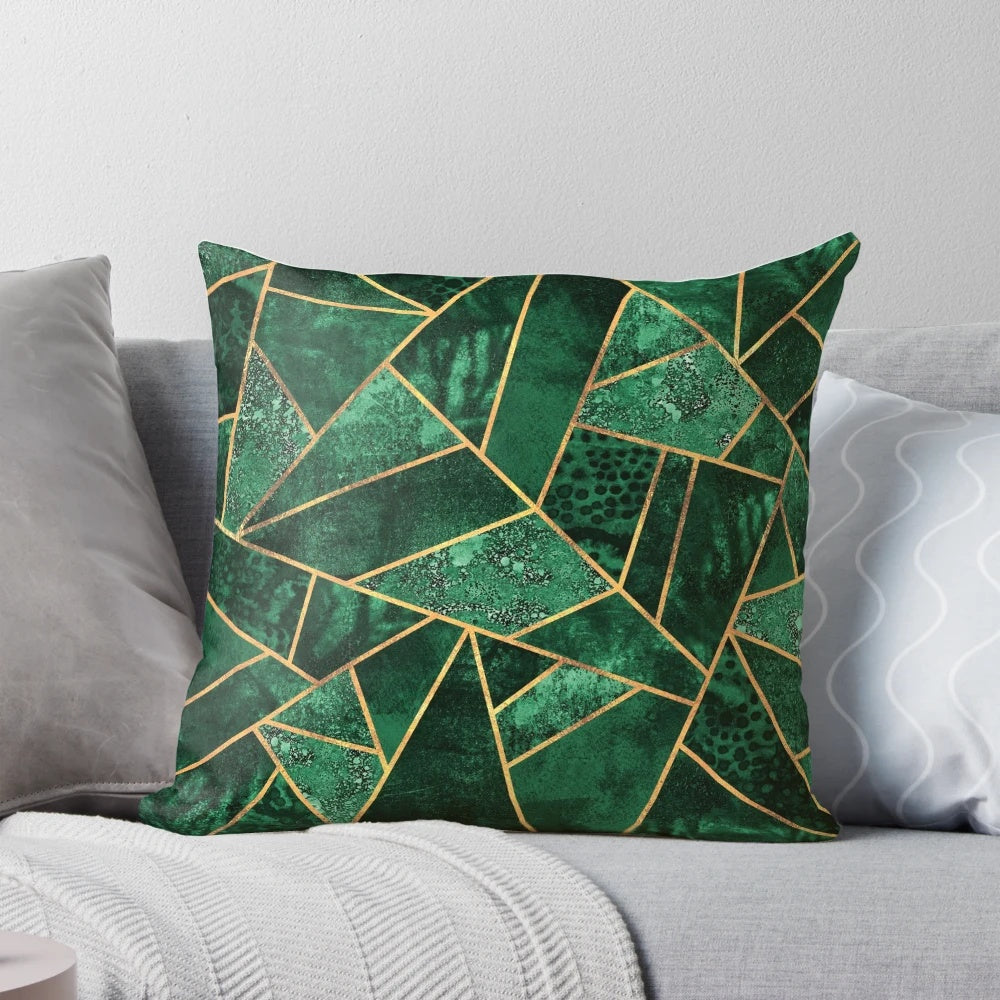 Decorative deep emerald green and gold geometric throw pillow