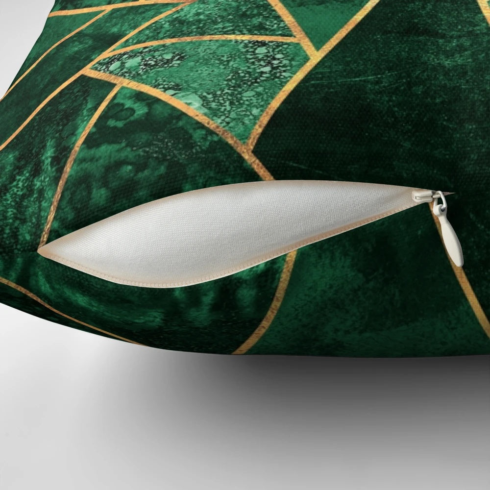 Decorative deep emerald green and gold geometric throw pillow