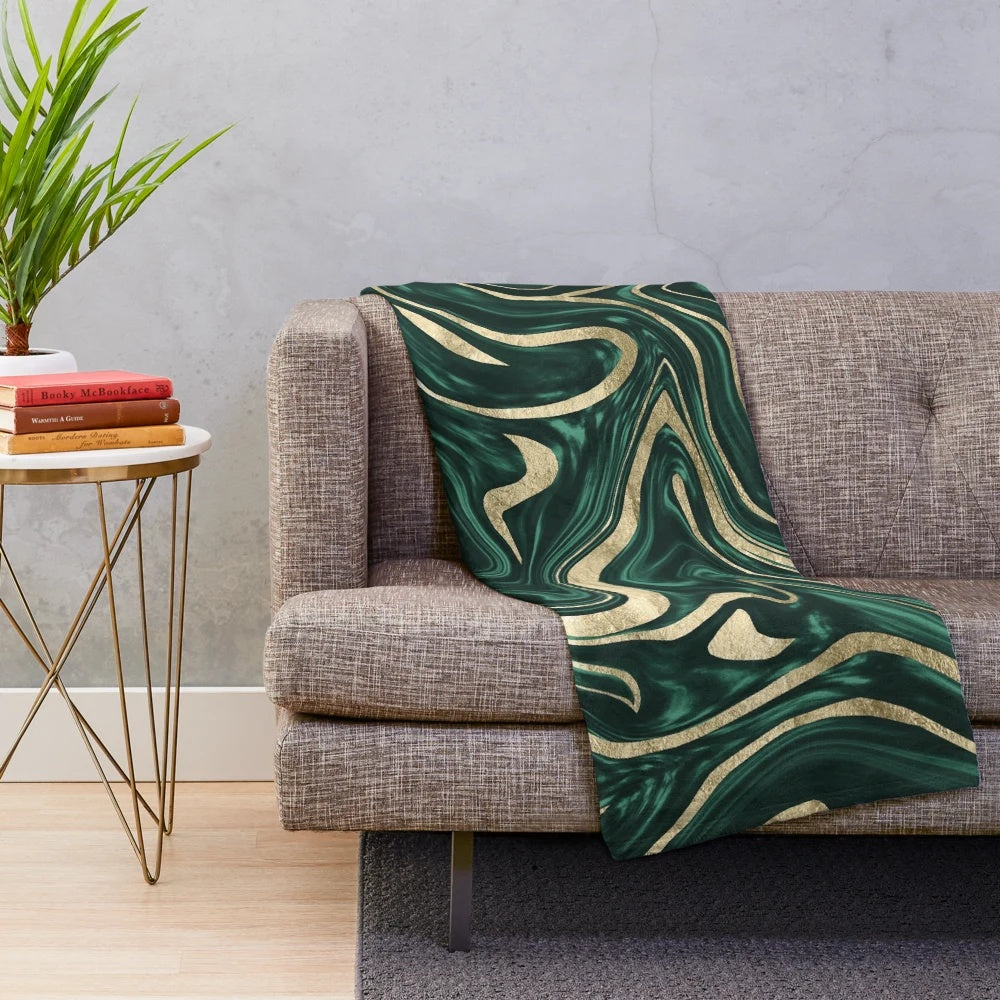 Emerald green and gold marble pattern plush blanket