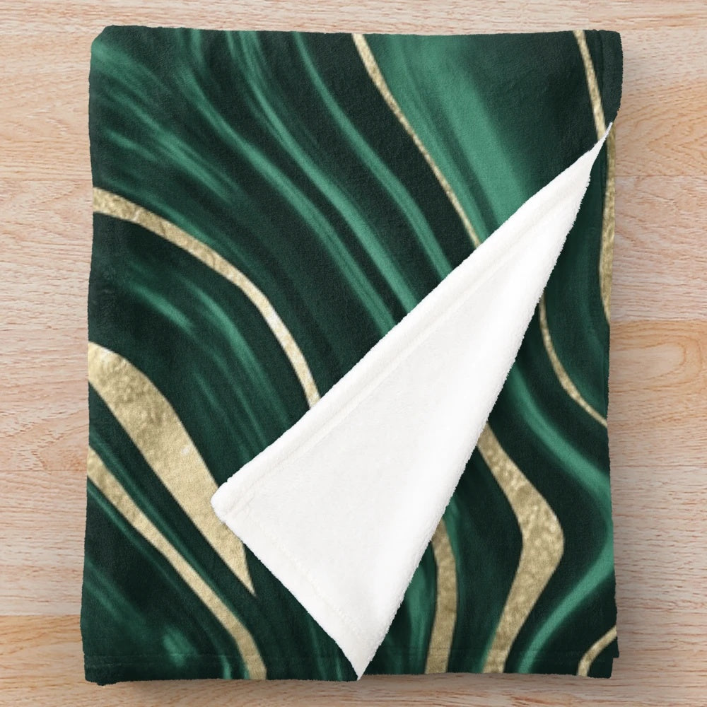 Emerald green and gold marble pattern plush blanket