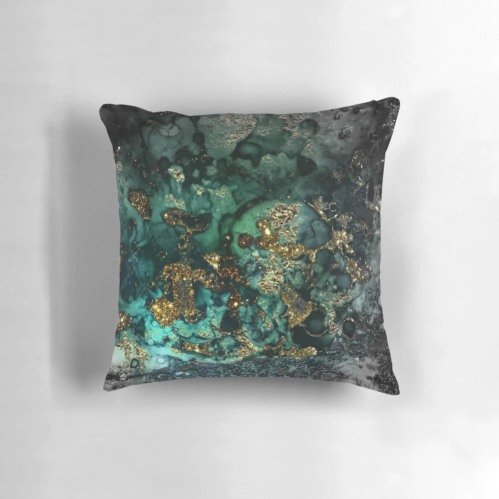Elegant gold and indigo faux malachite marble decorative pillow for modern, glamorous home decor