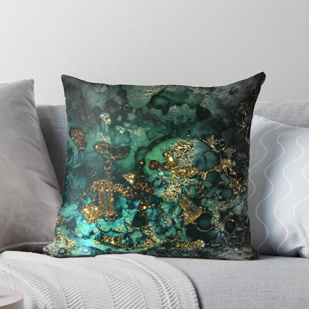 Elegant gold and indigo faux malachite marble decorative pillow for modern, glamorous home decor