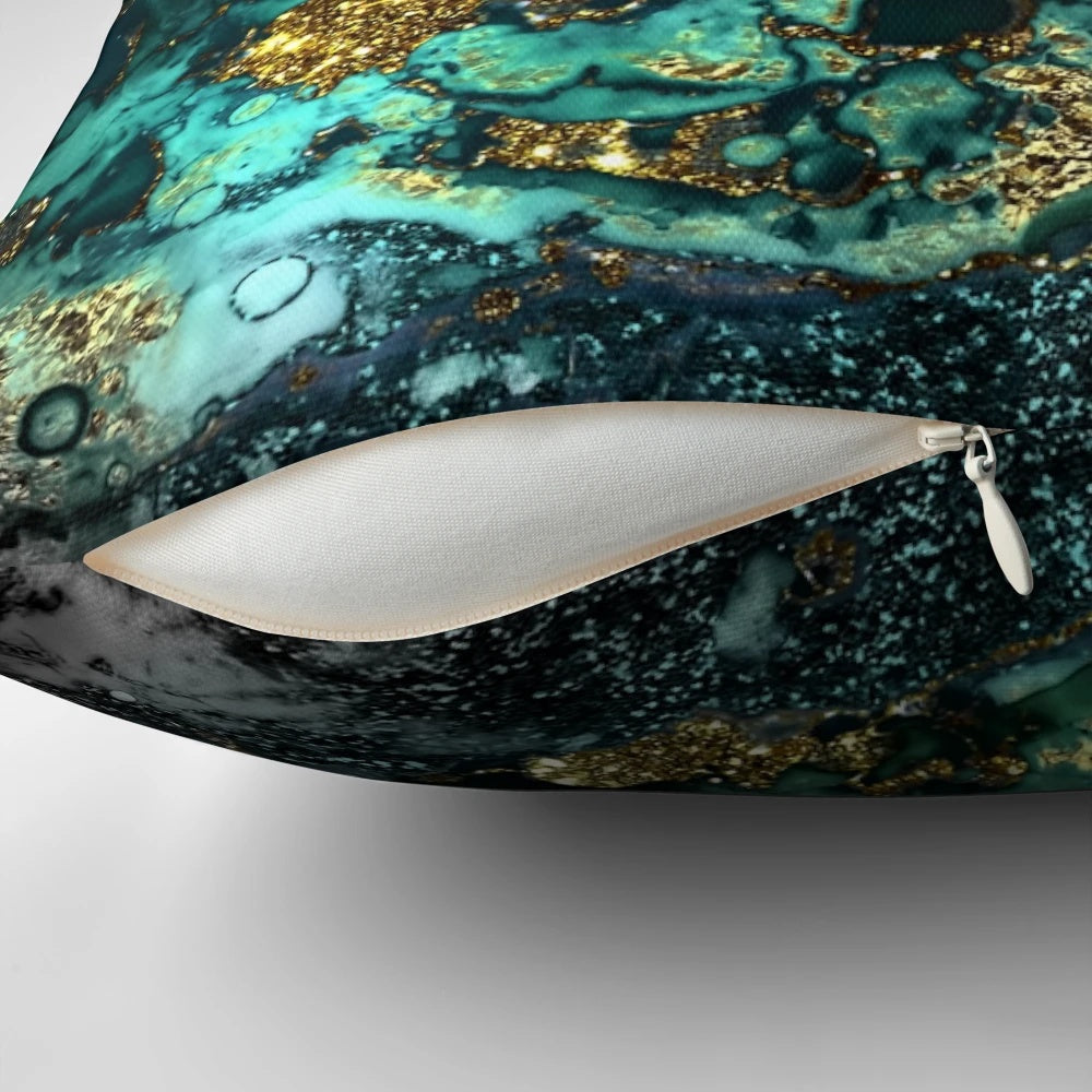 Elegant gold and indigo faux malachite marble decorative pillow for modern, glamorous home decor