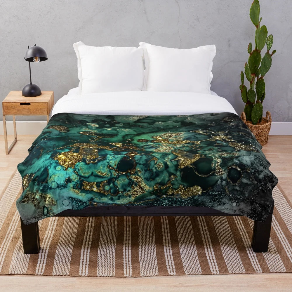 Plush, jewel-toned faux malachite marble blanket