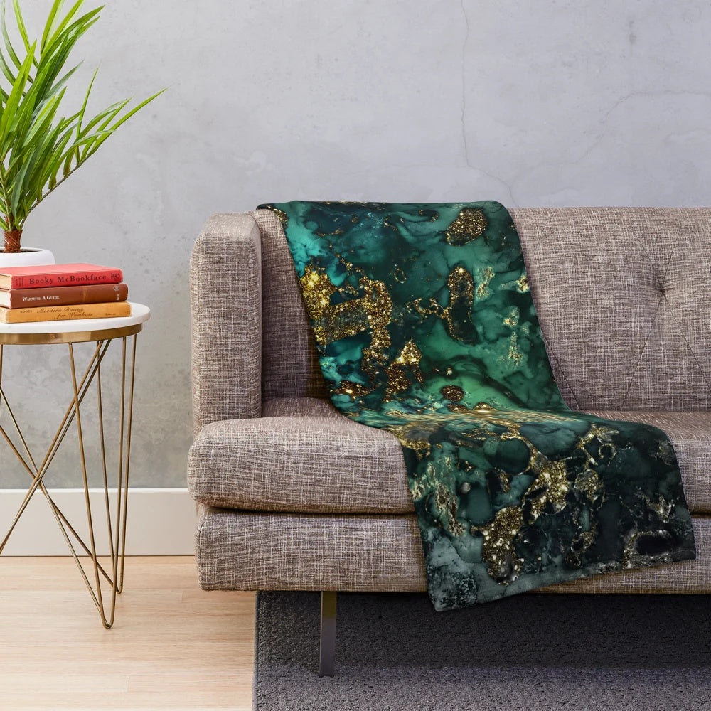 Plush, jewel-toned faux malachite marble blanket