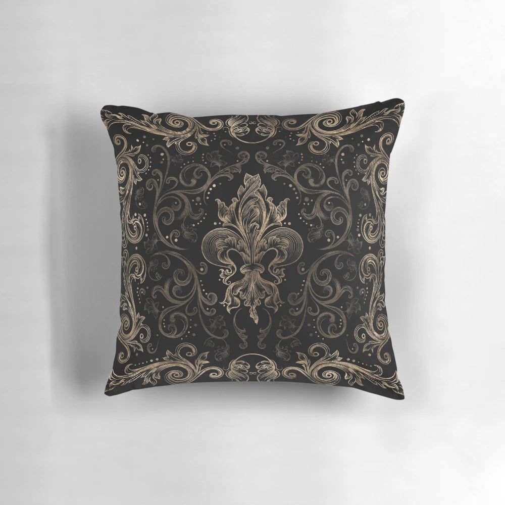 Fleur-de-lis patterned accent pillow in black and gold