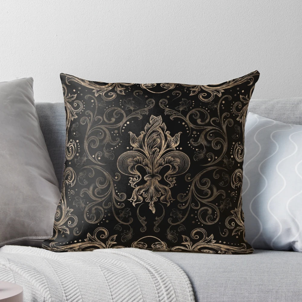 Fleur-de-lis patterned accent pillow in black and gold