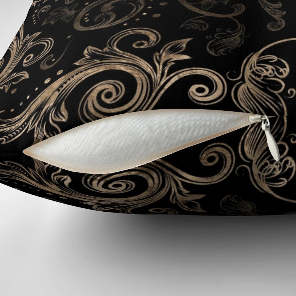 Fleur-de-lis patterned accent pillow in black and gold