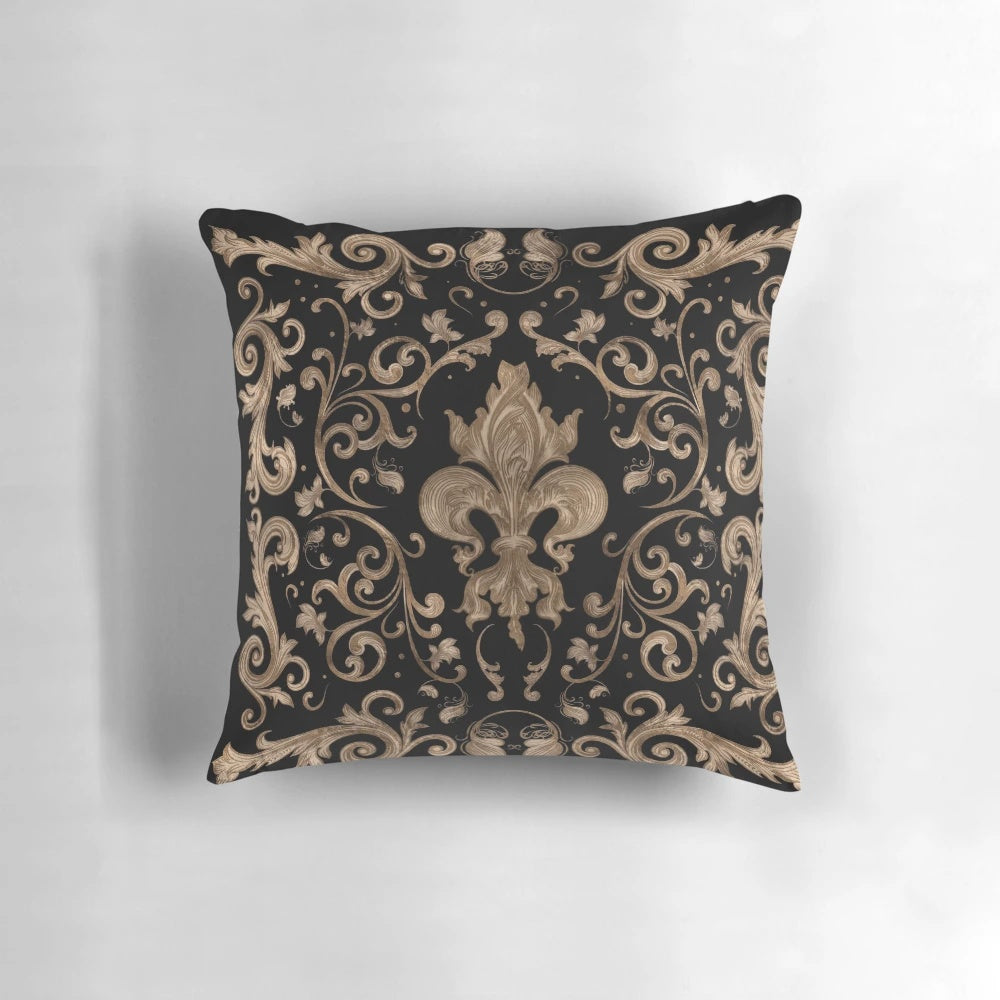 Black and gold fleur-de-lis ornament decorative throw pillow for luxury home decor