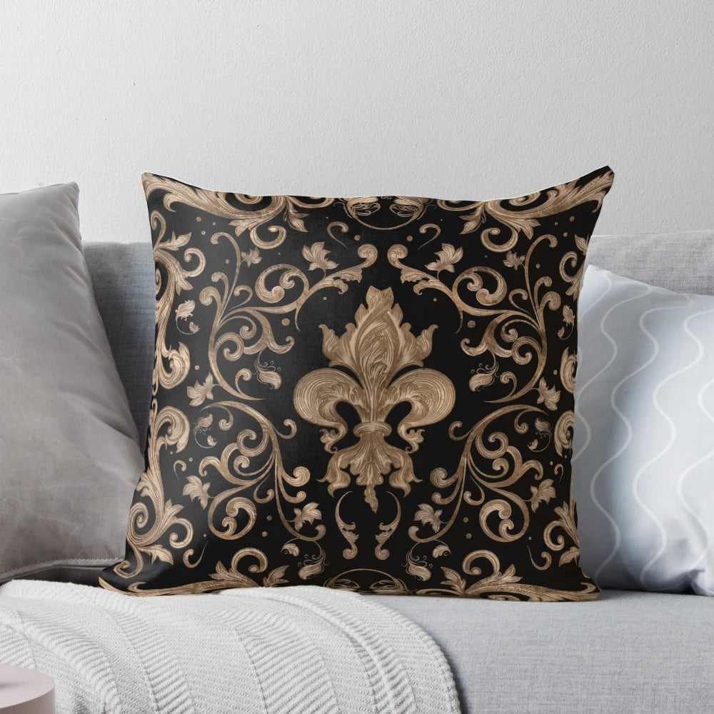 Black and gold fleur-de-lis ornament decorative throw pillow for luxury home decor