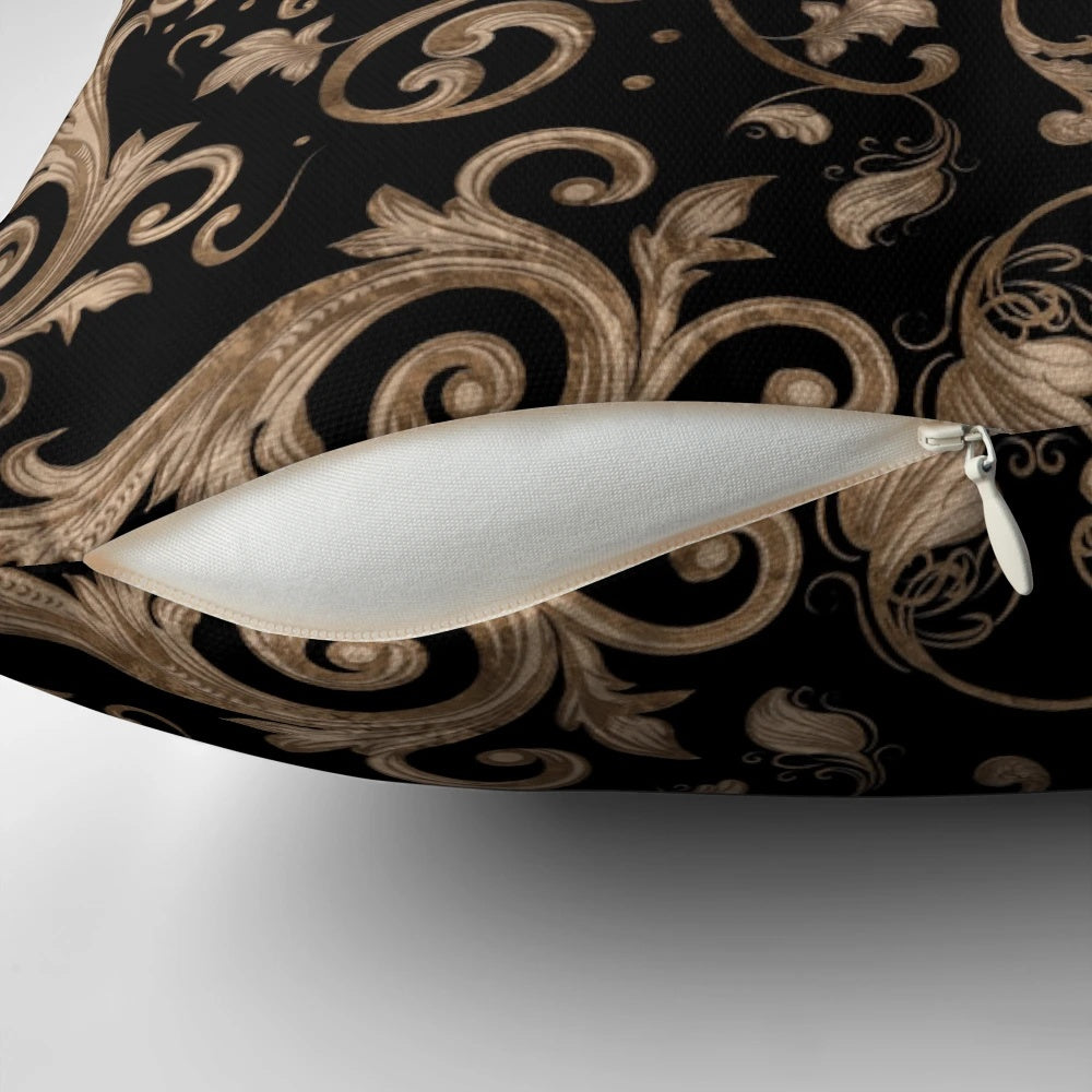 Black and gold fleur-de-lis ornament decorative throw pillow for luxury home decor