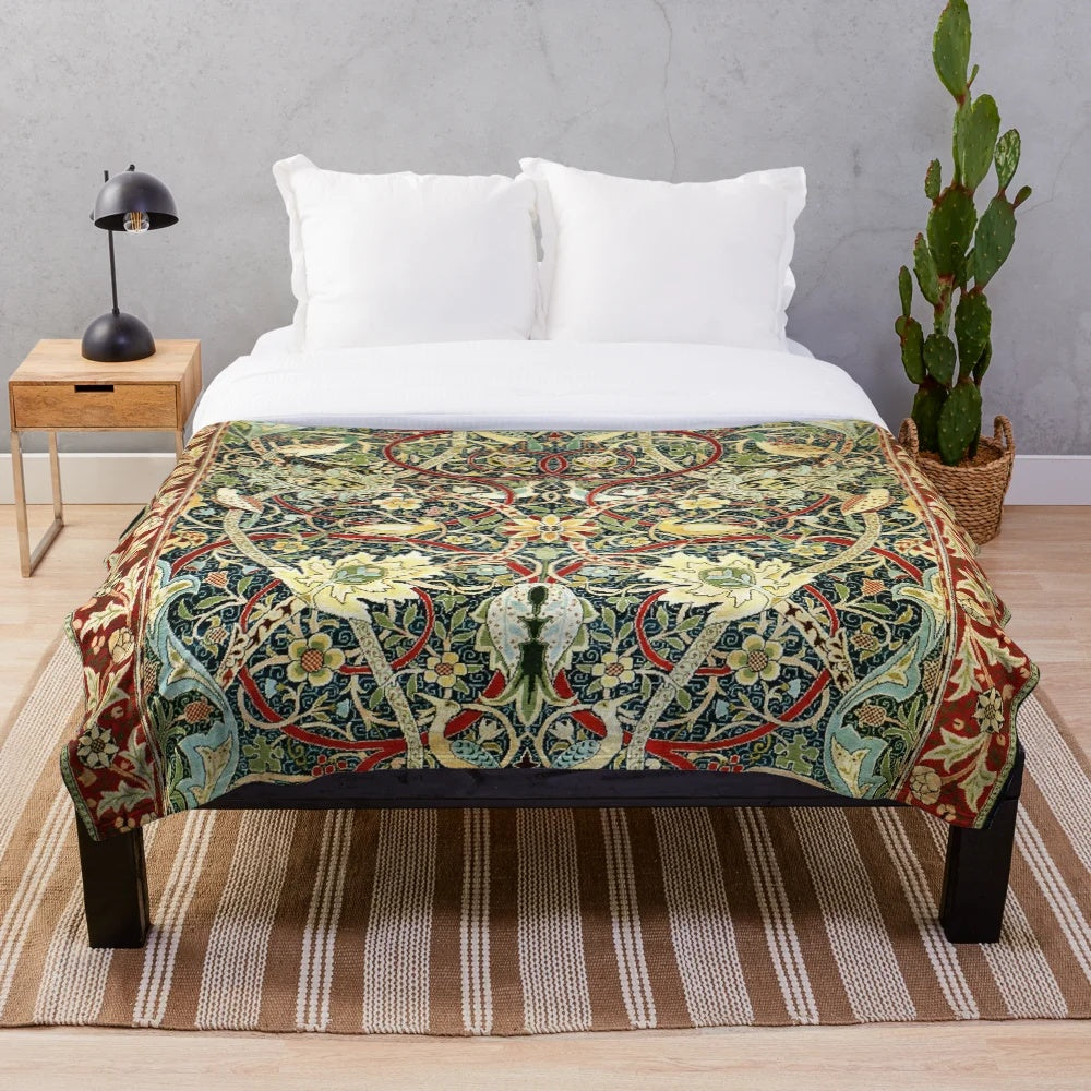 Plush Floral Blanket with Antique Rug Inspired Pattern
