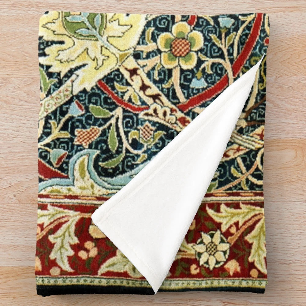 Plush Floral Blanket with Antique Rug Inspired Pattern