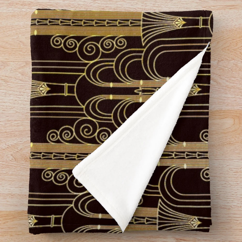 Glamorous gold-colored art deco patterned plush blanket