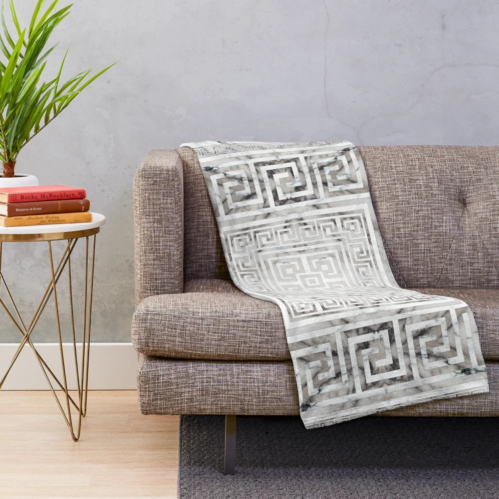 Greek key and meander pattern plush blanket with white marble textures
