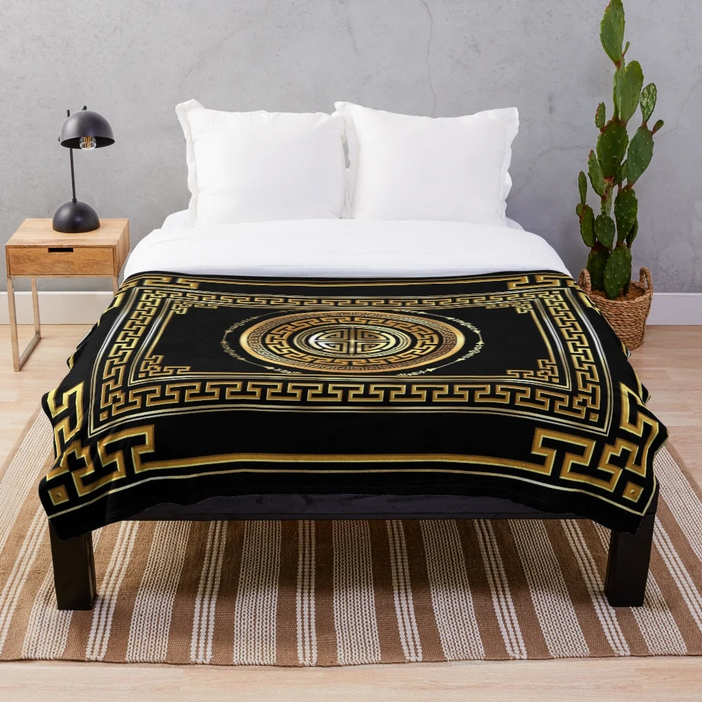 Large black and gold Greek key meander pattern plush throw blanket