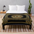 Large black and gold Greek key meander pattern plush throw blanket