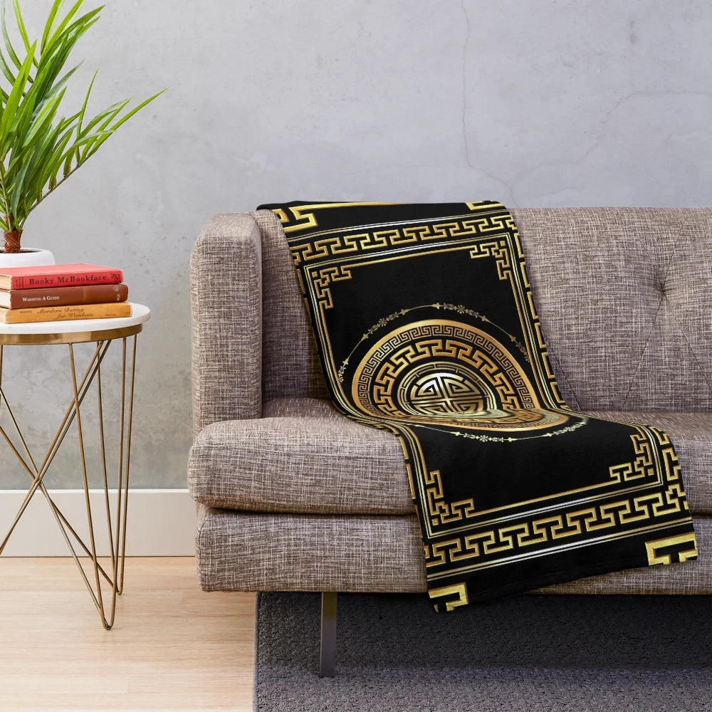Large black and gold Greek key meander pattern plush throw blanket