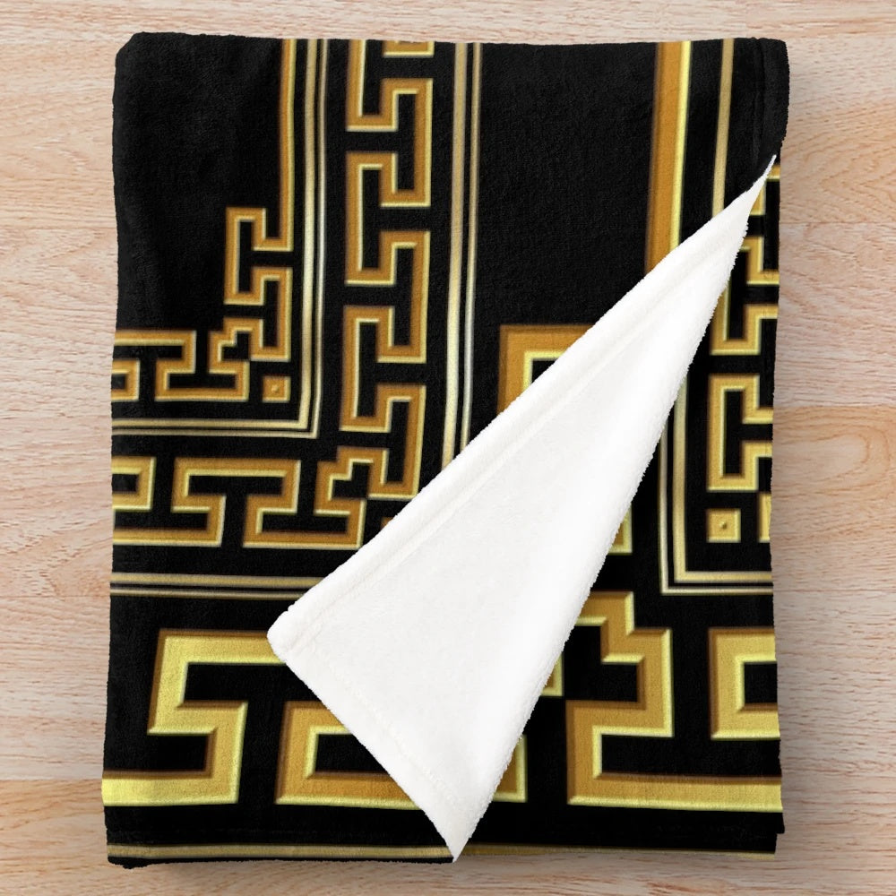 Large black and gold Greek key meander pattern plush throw blanket