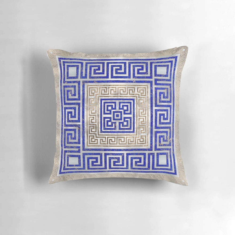 Decorative Greek key pattern pillow in lapis lazuli and gold colors