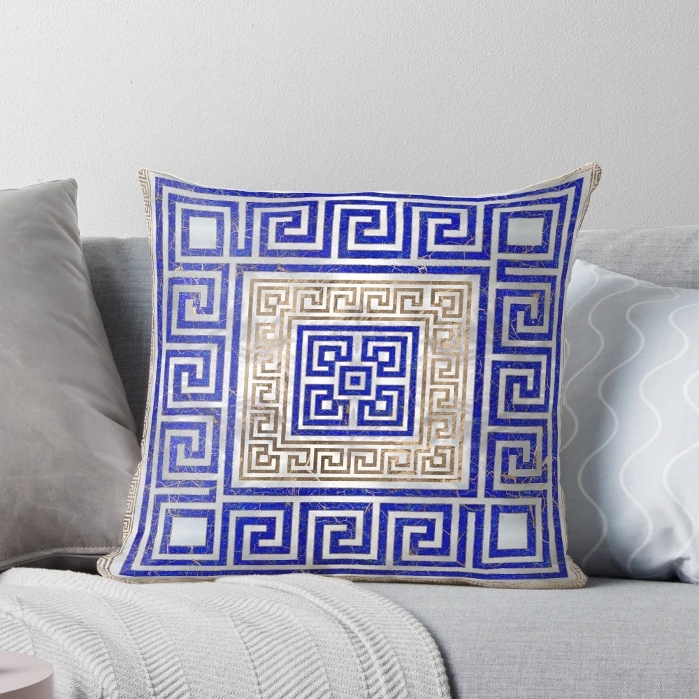 Decorative Greek key pattern pillow in lapis lazuli and gold colors