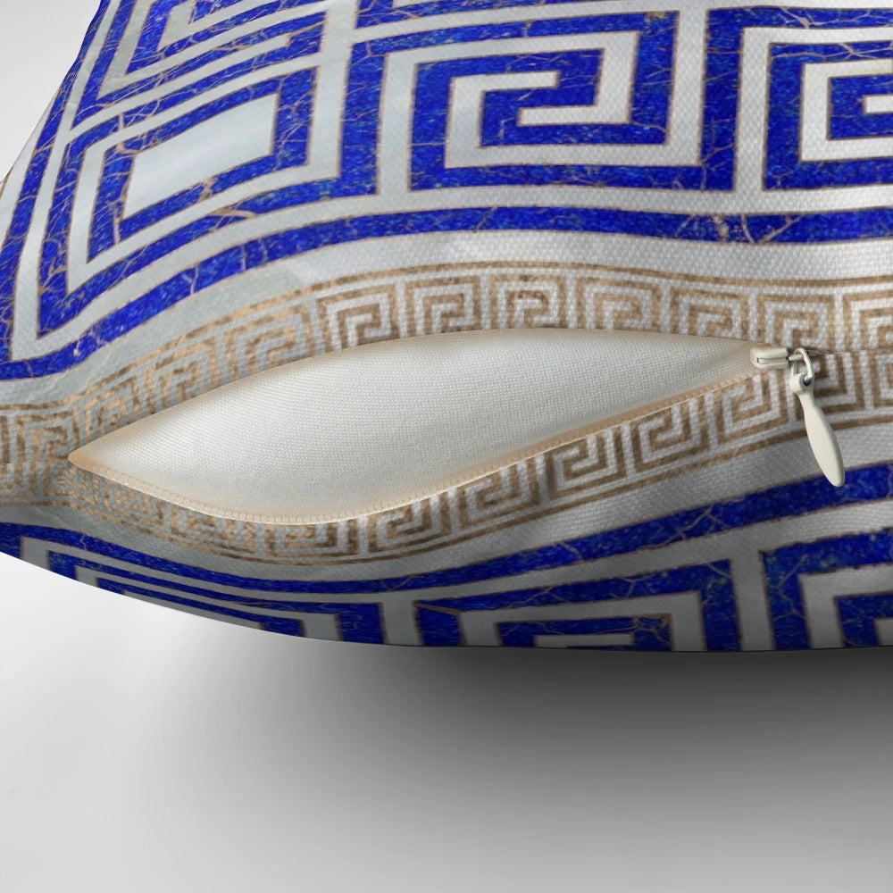 Decorative Greek key pattern pillow in lapis lazuli and gold colors