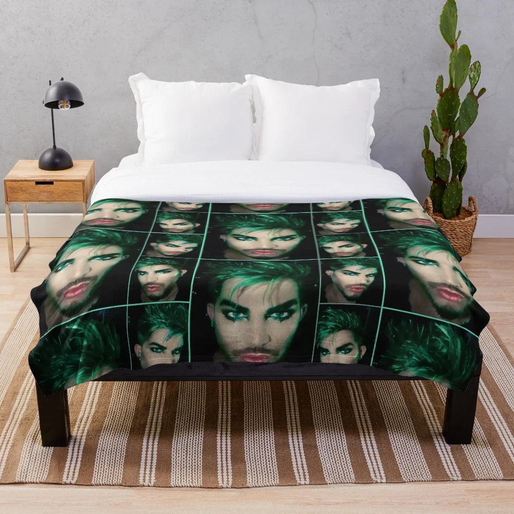 Soft and cozy green plush blanket featuring the image of music artist Adam Lambert