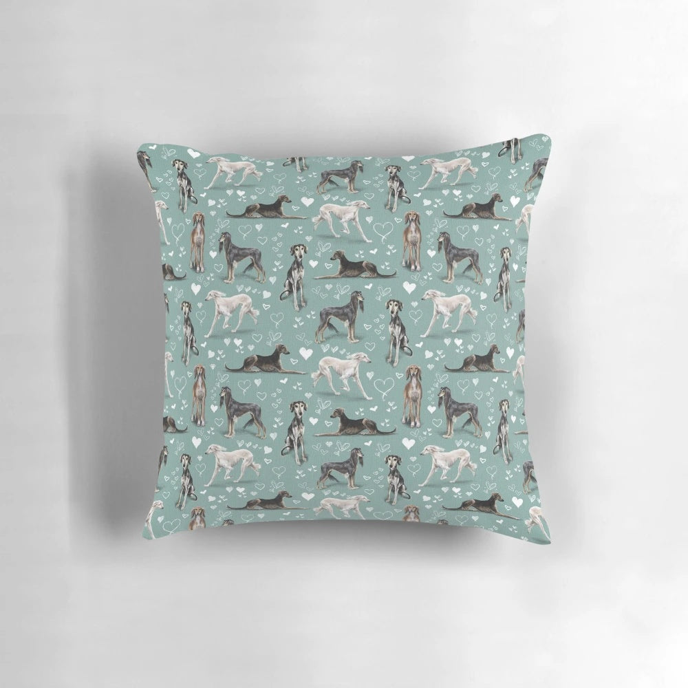 Vibrant green pillow featuring the elegant Saluki sighthound dog breed