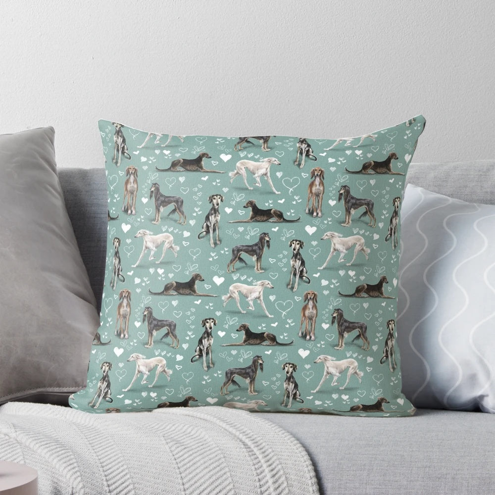 Vibrant green pillow featuring the elegant Saluki sighthound dog breed