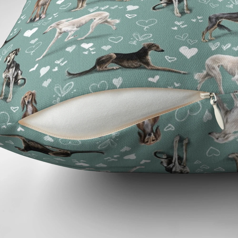 Vibrant green pillow featuring the elegant Saluki sighthound dog breed