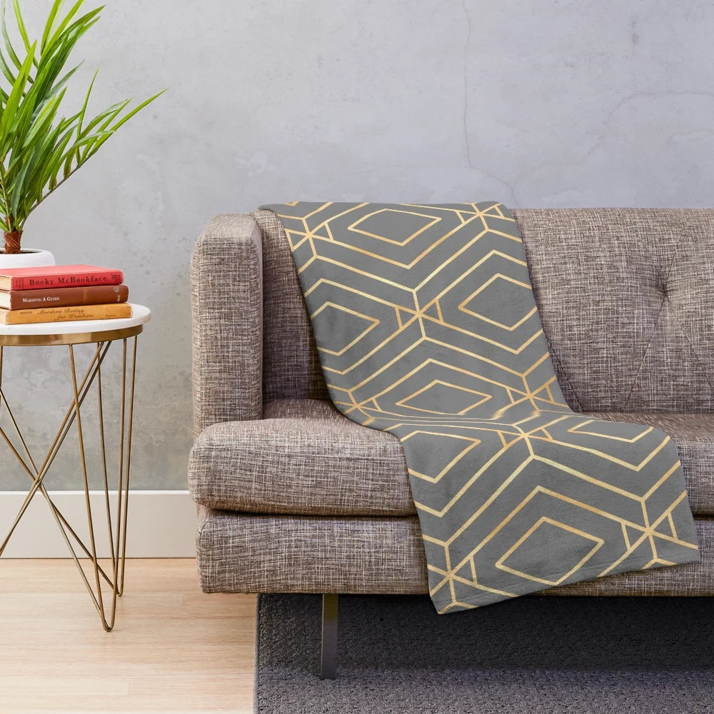 Grey and gold diamond geometric pattern plush blanket