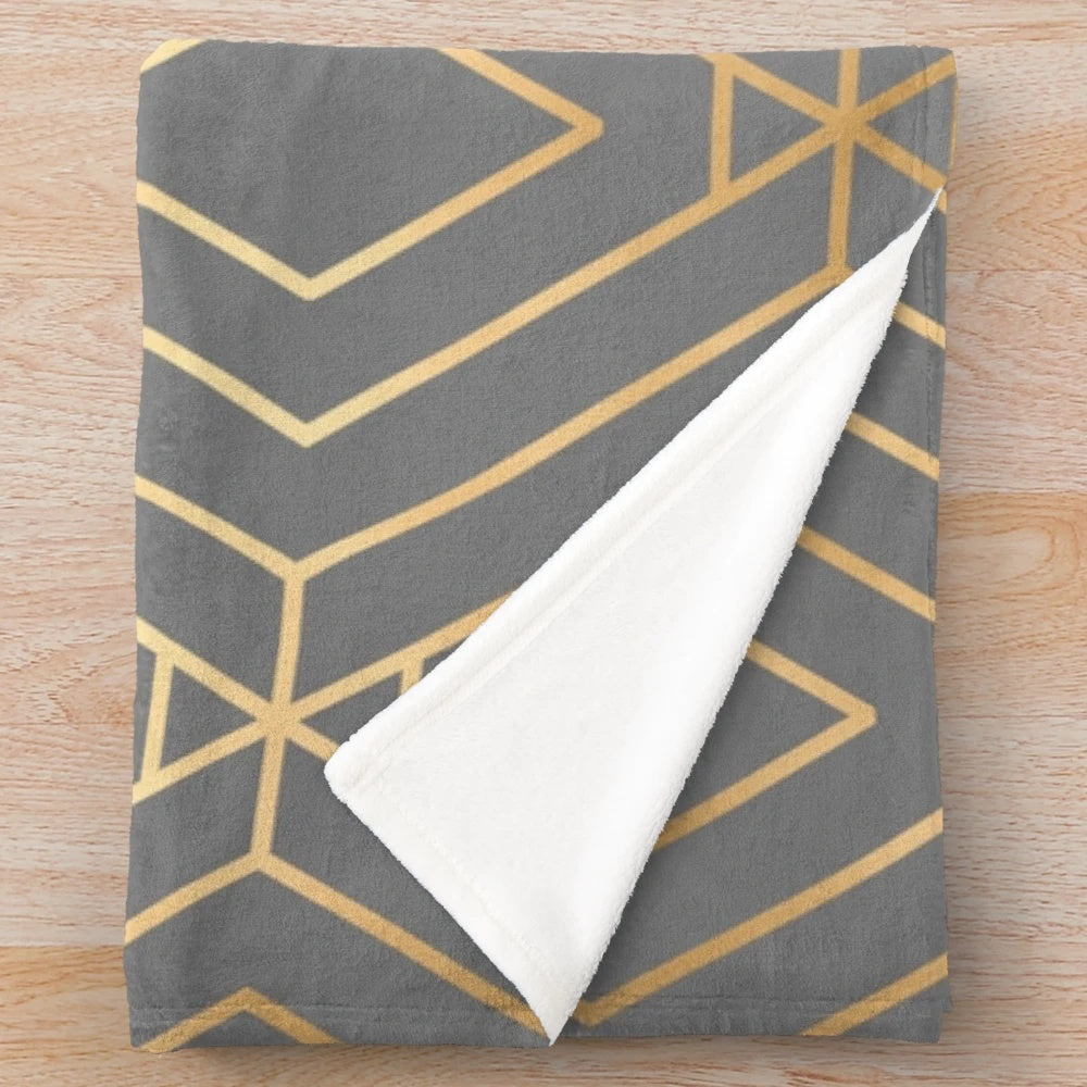 Grey and gold diamond geometric pattern plush blanket
