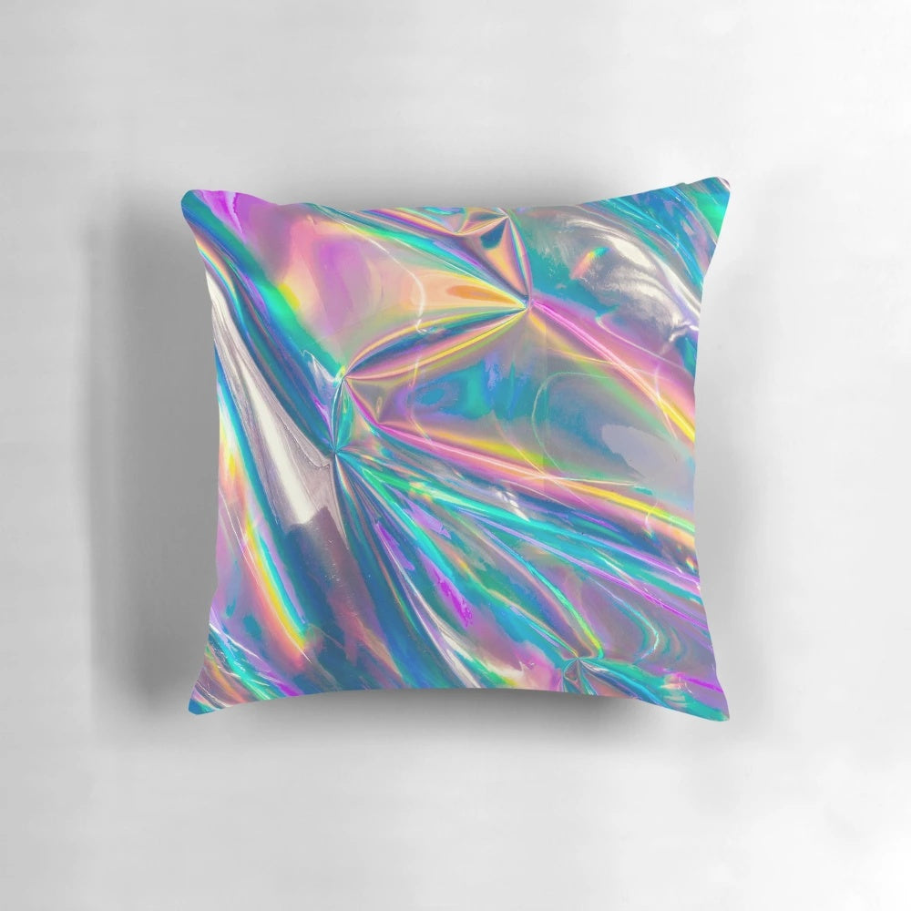 A large, high definition holographic pillow with a vibrant rainbow design.