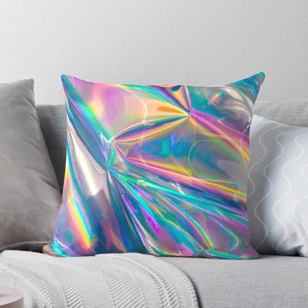 A large, high definition holographic pillow with a vibrant rainbow design.