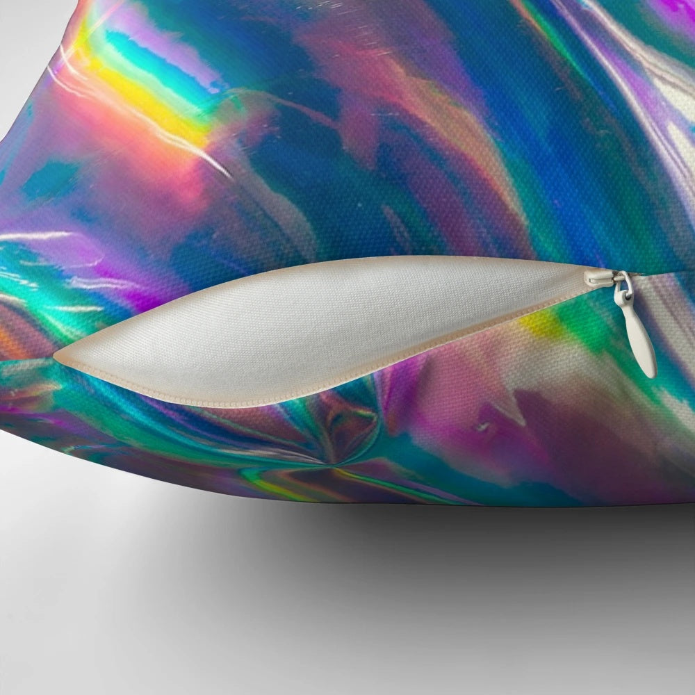 A large, high definition holographic pillow with a vibrant rainbow design.