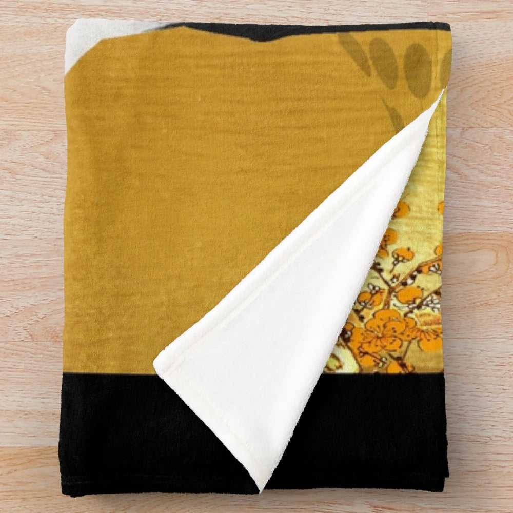 Soft and cozy plush blanket featuring a beautiful golden crane design inspired by Japanese art
