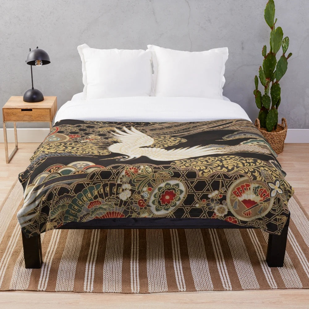 Elegant Japanese crane pattern plush blanket in gold and black