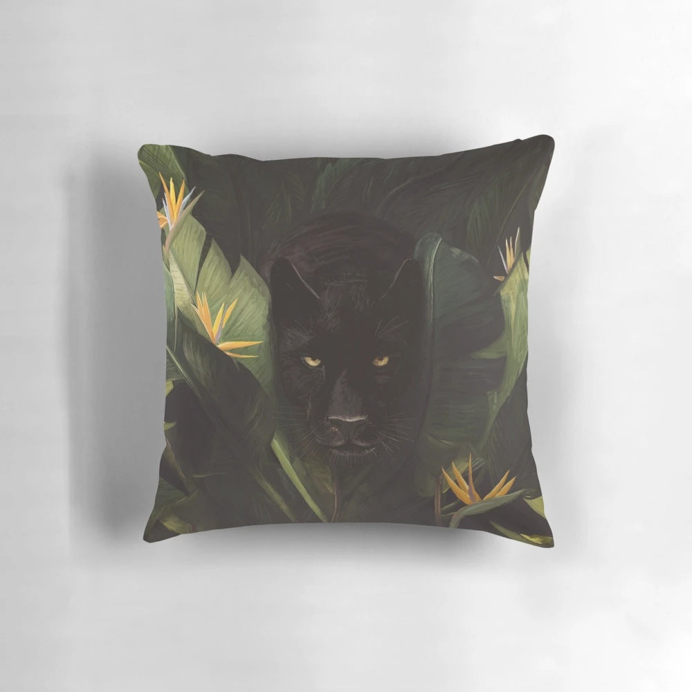 A plush and vibrant pillow featuring a jungle-inspired design with lush foliage, wild animals, and a touch of tropical charm.
