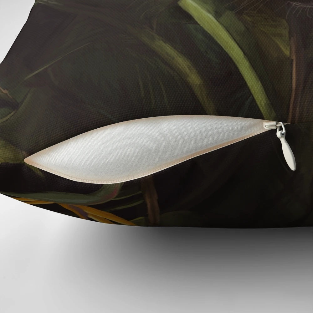 A plush and vibrant pillow featuring a jungle-inspired design with lush foliage, wild animals, and a touch of tropical charm.