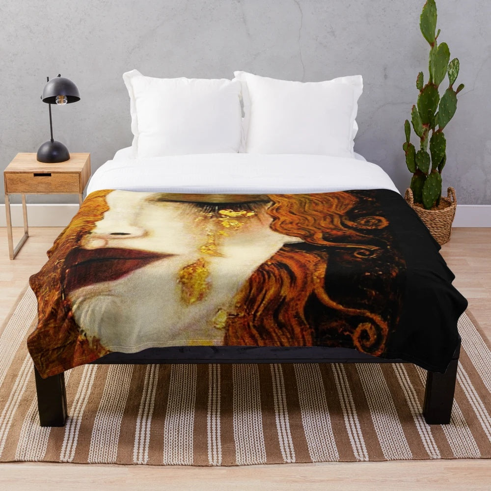 Klimt-inspired golden tears design on a soft, cozy plush blanket
