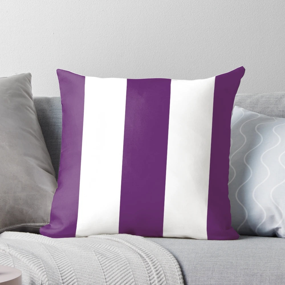 Large aubergine purple and white vertical striped pillow, a stylish accent for your home.