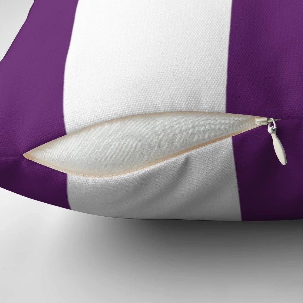 Large aubergine purple and white vertical striped pillow, a stylish accent for your home.