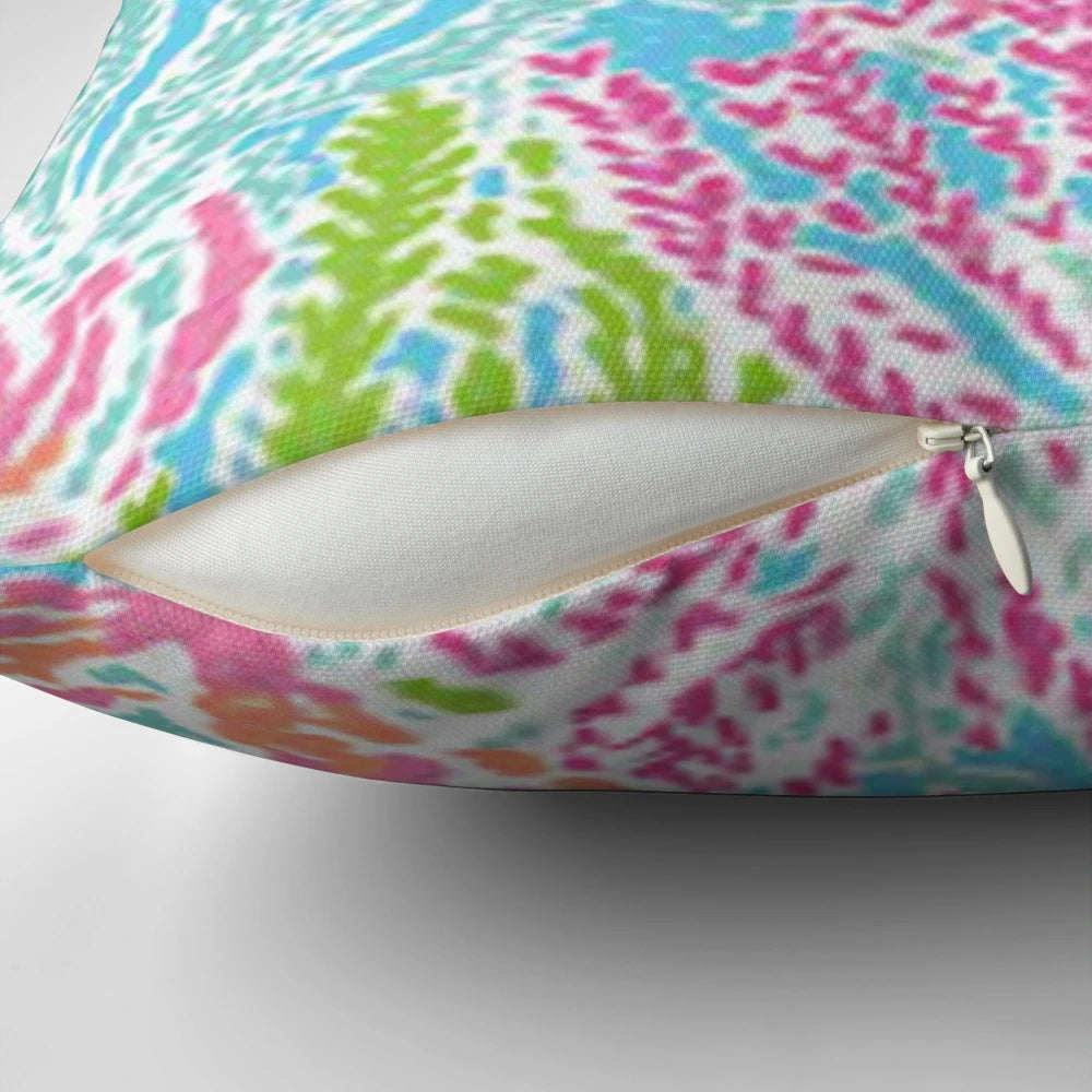 Lilly inspired print pillow in coral, green, and blue colors
