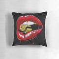 Stunning metallic pillow featuring a woman's lips holding a bullet, perfect for adding a touch of glamour to any bedroom.